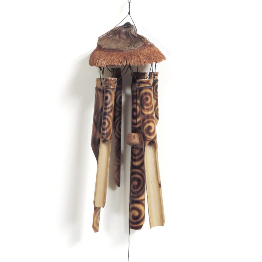 bamboo chime with coconut hair and burnt swirl design - sleepingtigerimports.com