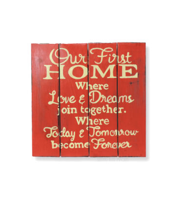 Our first home painted wall hanging wood plank sign - sleepingtigerimports.com