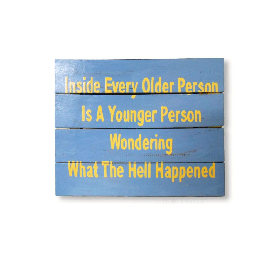 inside every old person is a young person wondering what the hell happened painted wood plank sign - sleepingtigerimports.com