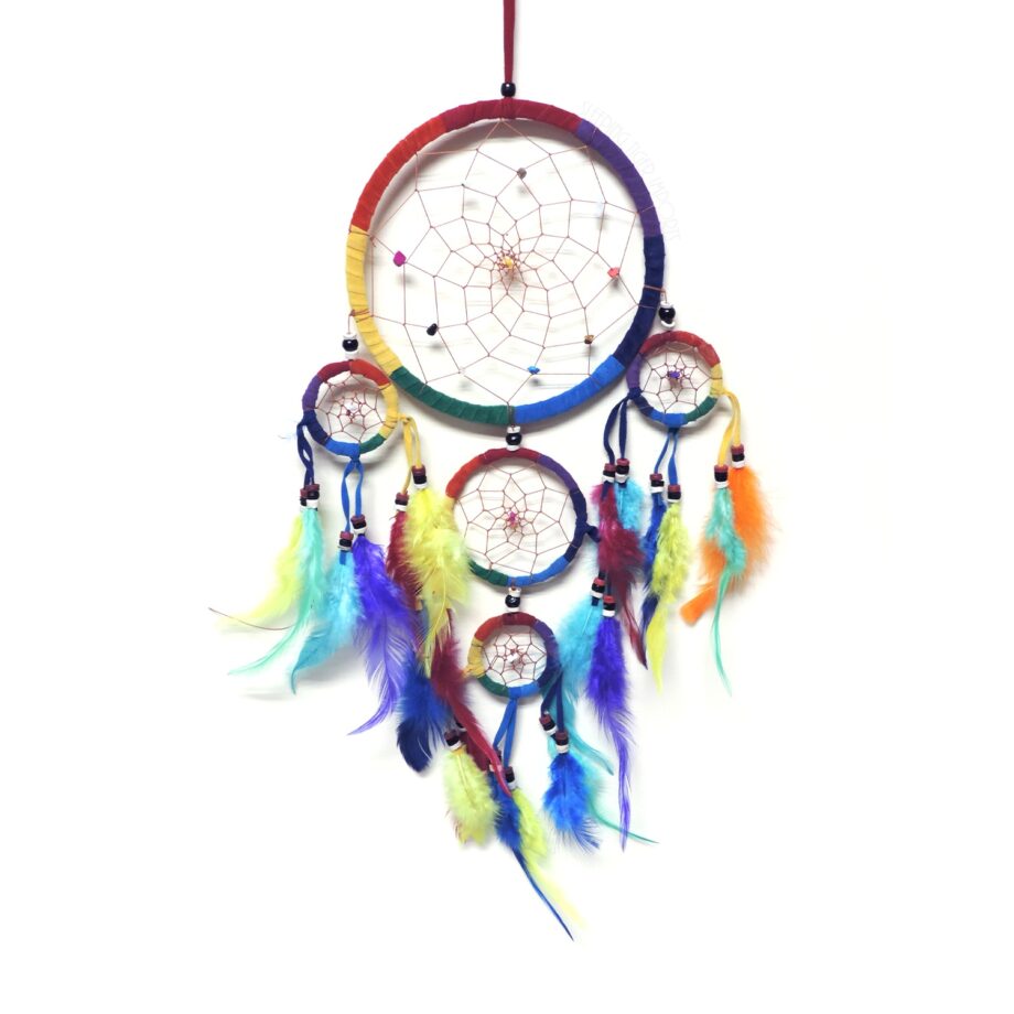 Leather rainbow 6 inch dream catcher with 4 tiers and beads - sleepingtigerimports.com