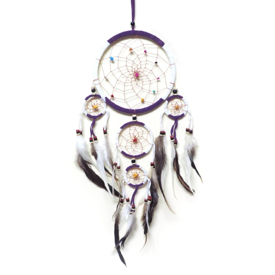 Two-tone 6 inch leather dream catcher with 4 tiers and stone beads - sleepingtigerimports.com